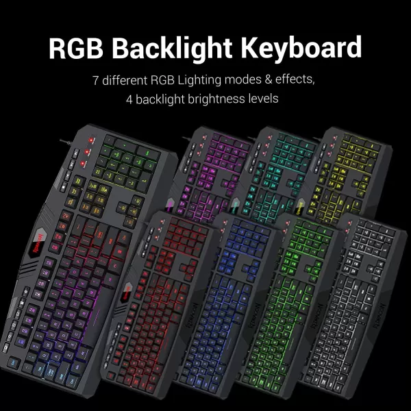 Redragon PC Gaming Keyboard RGB LED Backlit Wired Multimedia Keys Silent USB Keyboard with Wrist Rest for Windows PC Games Black