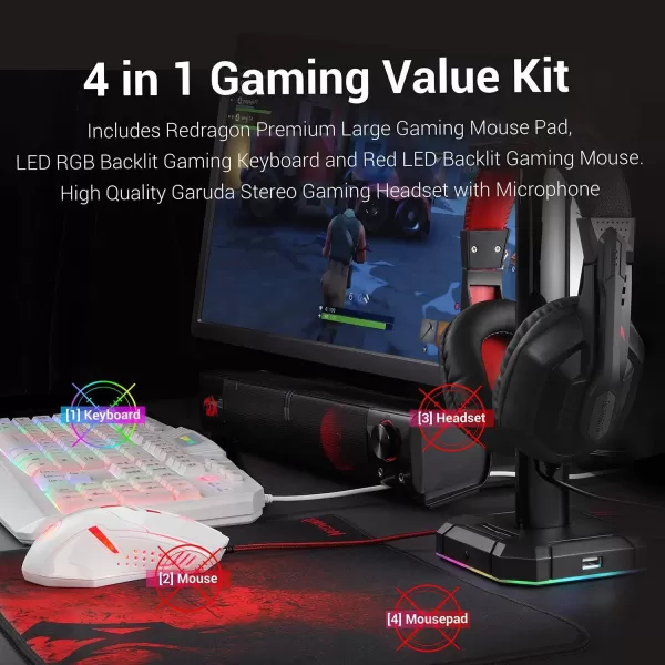 Redragon S101 Wired RGB Backlit Gaming Keyboard and Mouse Gaming Mouse Pad Gaming Headset Combo All in ONE PC Gamer Bundle for Windows PC  White
