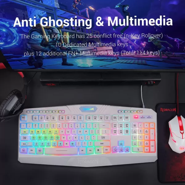 Redragon S101 Wired RGB Backlit Gaming Keyboard and Mouse Gaming Mouse Pad Gaming Headset Combo All in ONE PC Gamer Bundle for Windows PC  White
