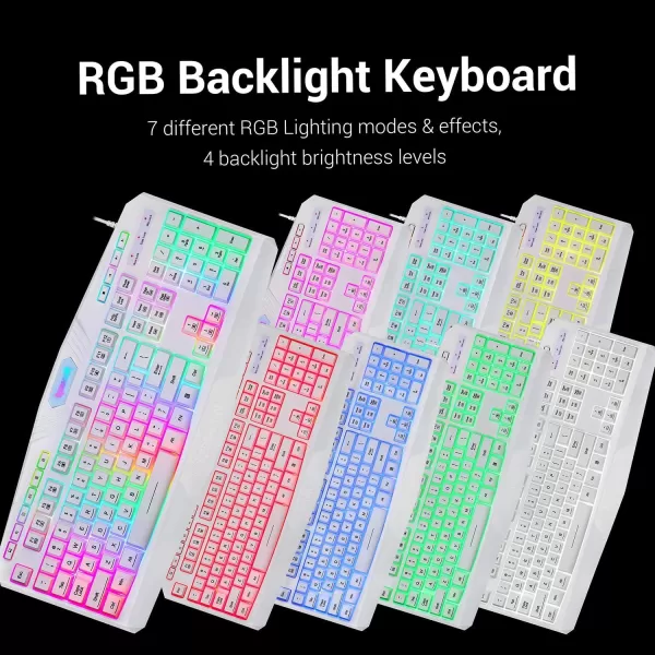 Redragon S101 Wired RGB Backlit Gaming Keyboard and Mouse Gaming Mouse Pad Gaming Headset Combo All in ONE PC Gamer Bundle for Windows PC  White