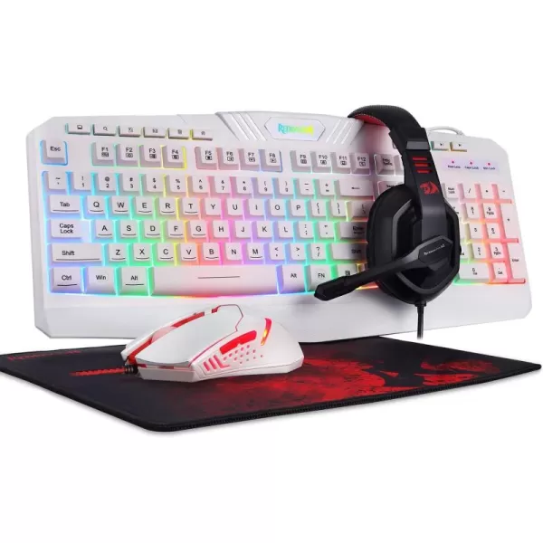 Redragon S101 Wired RGB Backlit Gaming Keyboard and Mouse Gaming Mouse Pad Gaming Headset Combo All in ONE PC Gamer Bundle for Windows PC  White