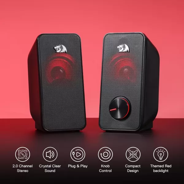 Redragon GS500 Stentor PC Gaming Speaker 20 Channel Stereo Desktop Computer Speaker with Red Backlight Quality Bass and Crystal Clear Sound USB Powered with a 35mm Connector