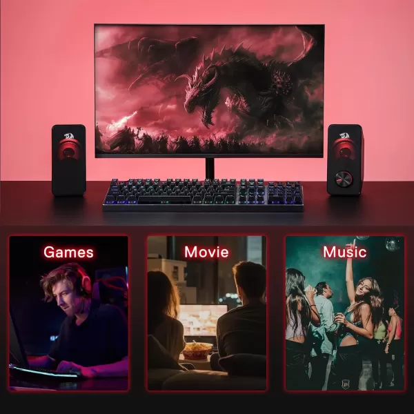 Redragon GS500 Stentor PC Gaming Speaker 20 Channel Stereo Desktop Computer Speaker with Red Backlight Quality Bass and Crystal Clear Sound USB Powered with a 35mm Connector