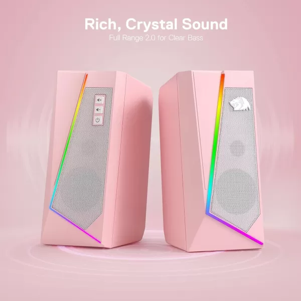Redragon GS520 RGB Desktop Speakers 20 Channel PC Computer Stereo Speaker with 6 Colorful LED Modes Enhanced Sound and EasyAccess Volume Control USB Powered w 35mm Cable WhitePink
