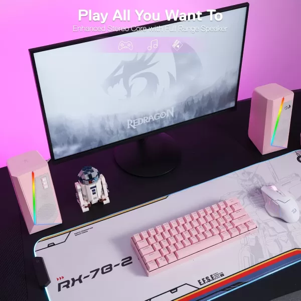 Redragon GS520 RGB Desktop Speakers 20 Channel PC Computer Stereo Speaker with 6 Colorful LED Modes Enhanced Sound and EasyAccess Volume Control USB Powered w 35mm Cable WhitePink