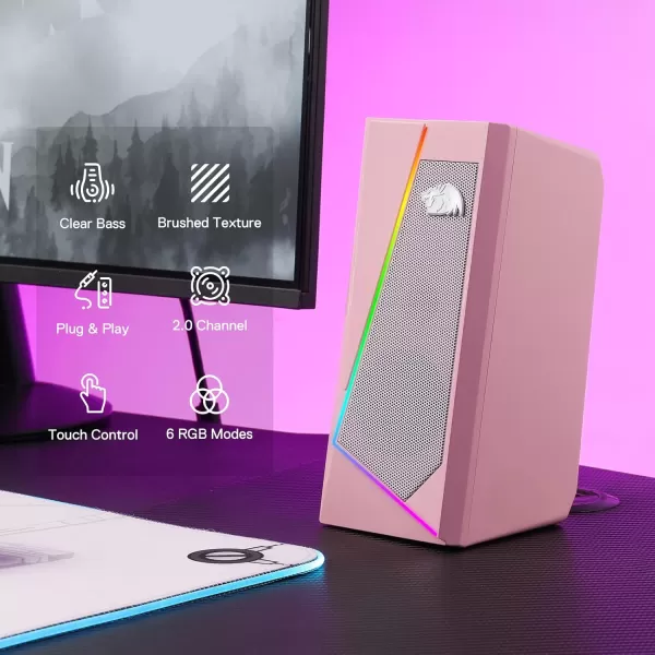 Redragon GS520 RGB Desktop Speakers 20 Channel PC Computer Stereo Speaker with 6 Colorful LED Modes Enhanced Sound and EasyAccess Volume Control USB Powered w 35mm Cable WhitePink