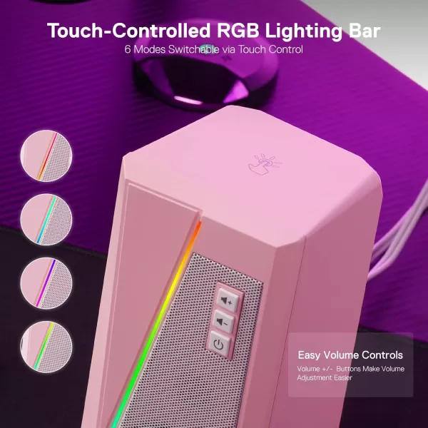 Redragon GS520 RGB Desktop Speakers 20 Channel PC Computer Stereo Speaker with 6 Colorful LED Modes Enhanced Sound and EasyAccess Volume Control USB Powered w 35mm Cable WhitePink