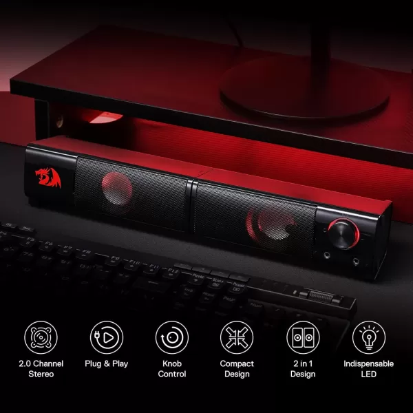 Redragon GS550 PC Gaming Speakers 20 Channel Desktop Computer Sound Bar with Compact Maneuverable Size Headphone Jack Quality Bass ampamp Decent Red Backlit USB Powered w 35mm Cable