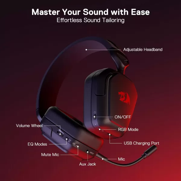 Redragon H868 3Mode Wireless RGB Gaming Headset 71 Surround Sound 40 mm Drivers Leather Foam Ear Pads Noisecanceling Microphone OverEar Headphones Works for Mobile PCPS5XBOXNS