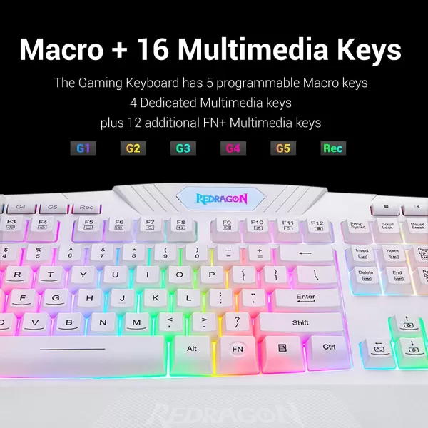 Redragon K503 PC Gaming Keyboard RGB LED Backlit with Macro Recording Wired Multimedia Keys Silent USB Keyboard with Wrist Rest for Windows PC Games White