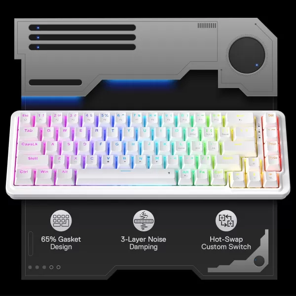 Redragon K709 PRO 65 Wireless Gasket RGB Gaming Keyboard 68 Keys HotSwap Compact Mechanical Keyboard wFreeMod Socket 5Layer Noise Dampening ampamp Round PBT Keycaps Quiet Custom Linear SwitchEssential White