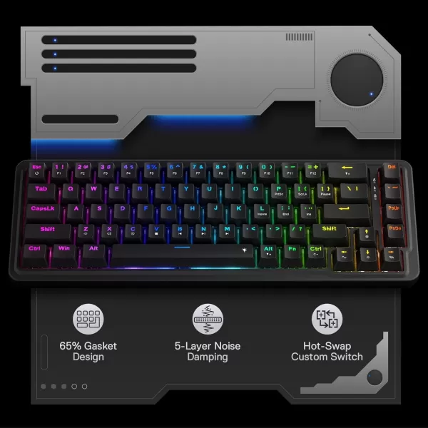Redragon K709 PRO 65 Wireless Gasket RGB Gaming Keyboard 68 Keys HotSwap Compact Mechanical Keyboard wFreeMod Socket 5Layer Noise Dampening ampamp Round PBT Keycaps Quiet Custom Linear SwitchEssential Black
