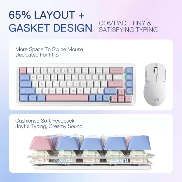 Redragon K709 PRO 65 Wireless Gasket RGB Gaming Keyboard 68 Keys HotSwap Compact Mechanical Keyboard wFreeMod Socket 5Layer Noise Dampening ampamp Round PBT Keycaps Quiet Custom Linear SwitchWonder Pink  Blue