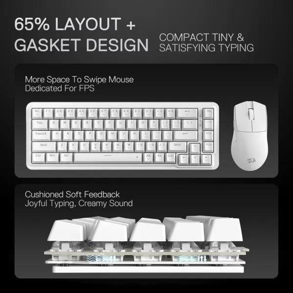 Redragon K709 PRO 65 Wireless Gasket RGB Gaming Keyboard 68 Keys HotSwap Compact Mechanical Keyboard wFreeMod Socket 5Layer Noise Dampening ampamp Round PBT Keycaps Quiet Custom Linear SwitchEssential White