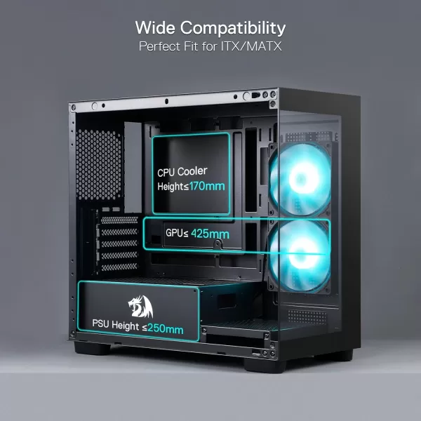 Redragon GC218M Gaming BackMounted PC Case MATX Computer Chassis w 2 x 120mm Fans PreInstalled ampamp High Airflow Perforated Panels 270 Full View Easy Cable Management Black