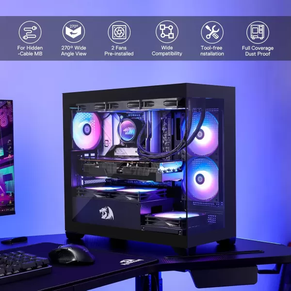 Redragon GC218M Gaming BackMounted PC Case MATX Computer Chassis w 2 x 120mm Fans PreInstalled ampamp High Airflow Perforated Panels 270 Full View Easy Cable Management Black