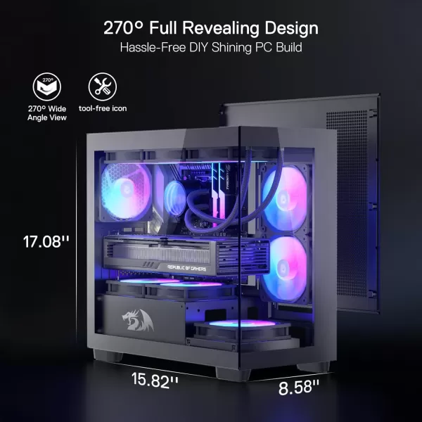 Redragon GC218M Gaming BackMounted PC Case MATX Computer Chassis w 2 x 120mm Fans PreInstalled ampamp High Airflow Perforated Panels 270 Full View Easy Cable Management Black