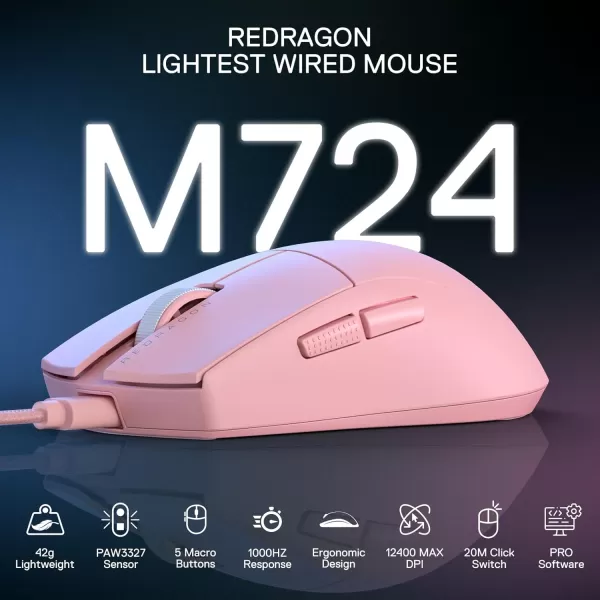 imageRedragon M996 Wired 8K Polling Rate Gaming Mouse 42G UltraLight 26000 Max DPI Gaming Mouse wErgonomic Natural Grip Build Full Programmable Buttons Software Supports DIY Keybinds ampamp DPIPink