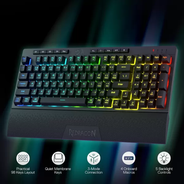 imageRedragon K515 PRO Shiva RGB Wireless Membrane Gaming Keyboard 98 Keys MechanicalFeel Keyboard wSmooth Linear Switch OnBoard Macro ampamp Multimedia Keys Detachable Wrist Rest Software SupportedBlack K515 PRO
