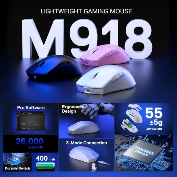 imageRedragon M918 PRO 3Mode Wireless Gaming Mouse 55G Lightweight 26K DPI Gamer Mouse wErgonomic Natural Grip Build Full Programmable Buttons Software Supports DIY Keybinds ampamp DPIWhite
