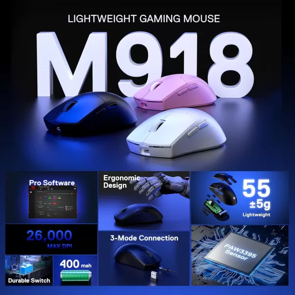 imageRedragon M918 PRO 3Mode Wireless Gaming Mouse 55G Lightweight 26K DPI Gamer Mouse wErgonomic Natural Grip Build Full Programmable Buttons Software Supports DIY Keybinds ampamp DPIBlack