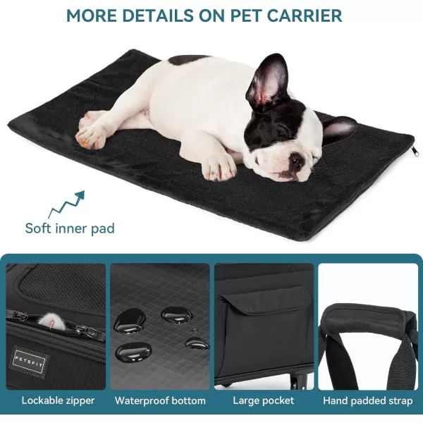 PETSFIT Airline Approved Cat Carrier with Wheels Designed for Small DogsCats with Adjustable Safety Rope ampamp Removable WheelsBlack