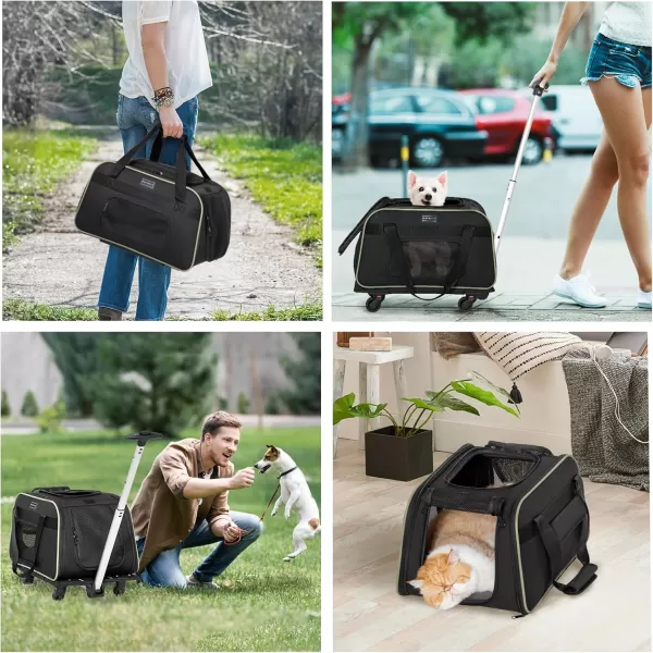 PETSFIT Airline Approved Cat Carrier with Wheels Designed for Small DogsCats with Adjustable Safety Rope ampamp Removable WheelsBlackGreen