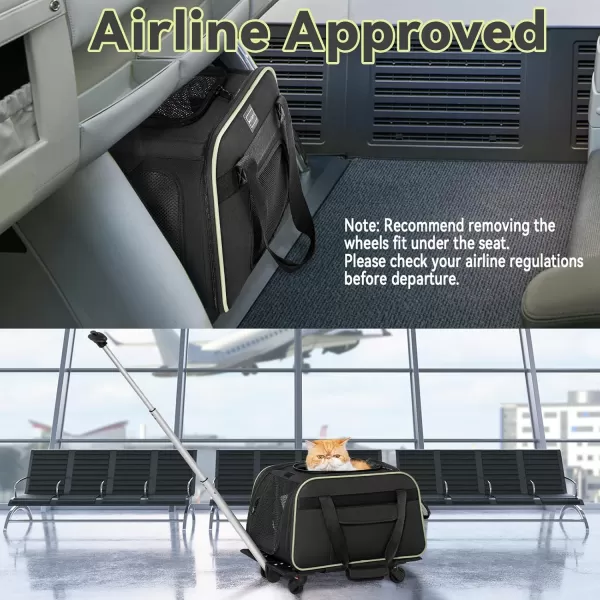 PETSFIT Airline Approved Cat Carrier with Wheels Designed for Small DogsCats with Adjustable Safety Rope ampamp Removable WheelsBlackGreen