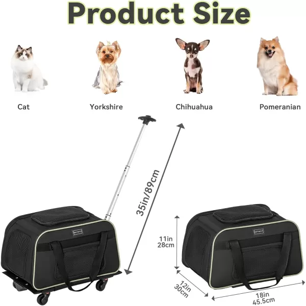 PETSFIT Airline Approved Cat Carrier with Wheels Designed for Small DogsCats with Adjustable Safety Rope ampamp Removable WheelsBlackGreen
