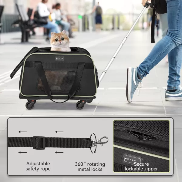 PETSFIT Airline Approved Cat Carrier with Wheels Designed for Small DogsCats with Adjustable Safety Rope ampamp Removable WheelsBlackGreen