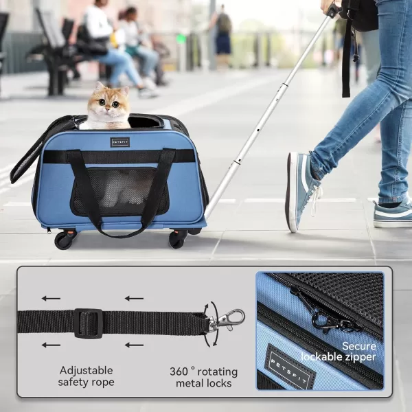 PETSFIT Airline Approved Cat Carrier with Wheels Designed for Small DogsCats with Adjustable Safety Rope ampamp Removable WheelsBlue