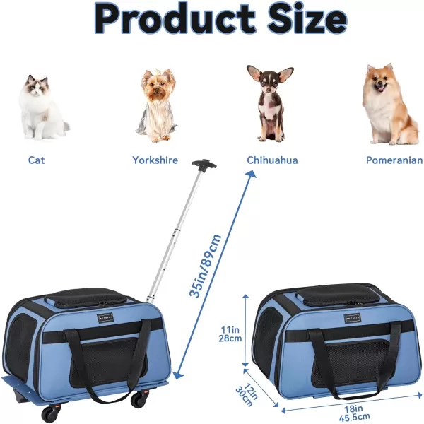 PETSFIT Airline Approved Cat Carrier with Wheels Designed for Small DogsCats with Adjustable Safety Rope ampamp Removable WheelsBlue