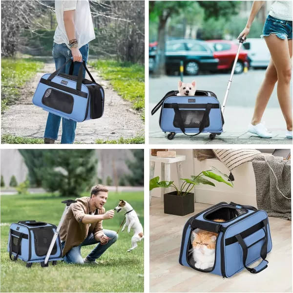 PETSFIT Airline Approved Cat Carrier with Wheels Designed for Small DogsCats with Adjustable Safety Rope ampamp Removable WheelsBlue