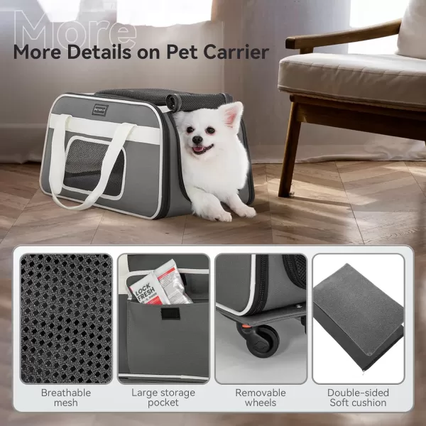 PETSFIT Airline Approved Cat Carrier with Wheels Designed for Small DogsCats with Adjustable Safety Rope ampamp Removable WheelsGray