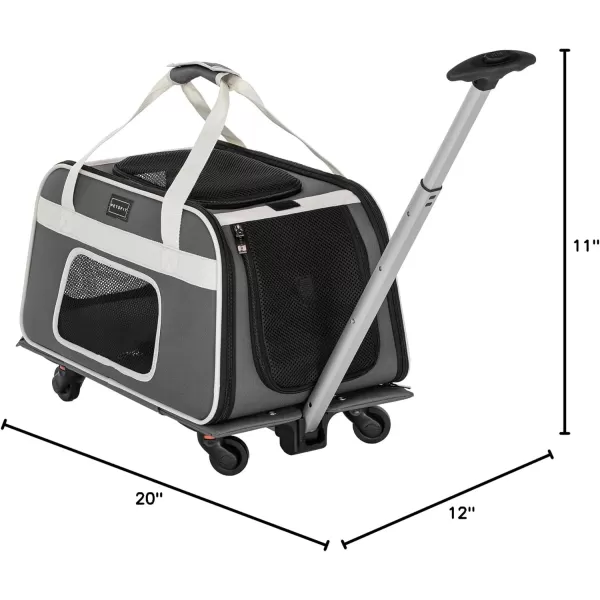 PETSFIT Airline Approved Cat Carrier with Wheels Designed for Small DogsCats with Adjustable Safety Rope ampamp Removable WheelsGray