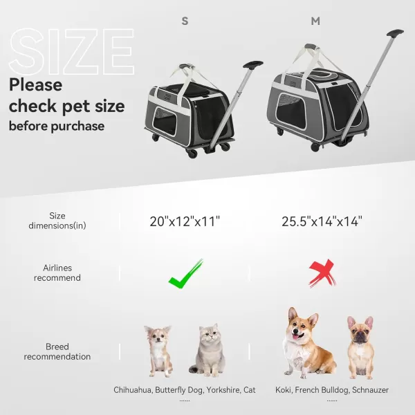 PETSFIT Airline Approved Cat Carrier with Wheels Designed for Small DogsCats with Adjustable Safety Rope ampamp Removable WheelsGray