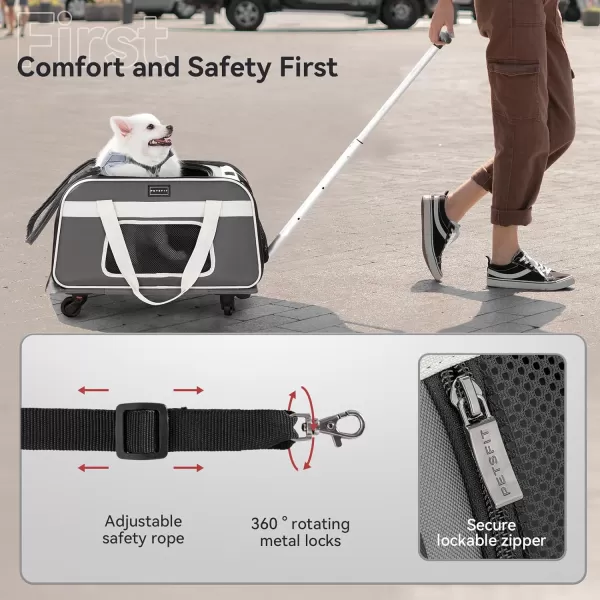 PETSFIT Airline Approved Cat Carrier with Wheels Designed for Small DogsCats with Adjustable Safety Rope ampamp Removable WheelsGray