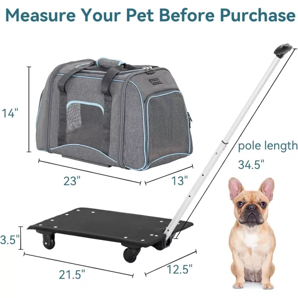 PETSFIT Airline Approved Cat Carrier with Wheels Designed for Small DogsCats with Adjustable Safety Rope ampamp Removable WheelsGrayBlue