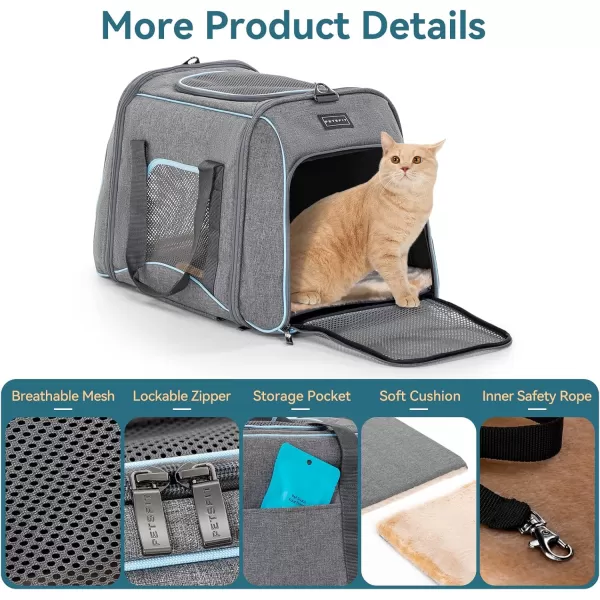 PETSFIT Airline Approved Cat Carrier with Wheels Designed for Small DogsCats with Adjustable Safety Rope ampamp Removable WheelsGrayBlue