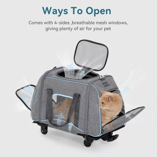 PETSFIT Airline Approved Cat Carrier with Wheels Designed for Small DogsCats with Adjustable Safety Rope ampamp Removable WheelsGrayBlue