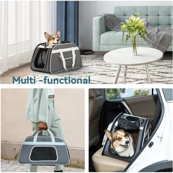 PETSFIT Airline Approved Cat Carrier with Wheels Designed for Small DogsCats with Adjustable Safety Rope ampamp Removable WheelsGrayWhite