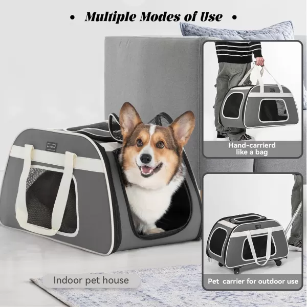 PETSFIT Airline Approved Cat Carrier with Wheels Designed for Small DogsCats with Adjustable Safety Rope ampamp Removable WheelsGrey