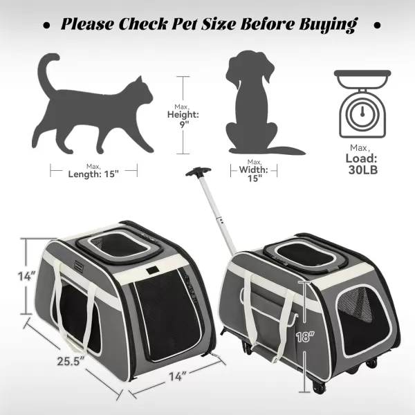 PETSFIT Airline Approved Cat Carrier with Wheels Designed for Small DogsCats with Adjustable Safety Rope ampamp Removable WheelsGrey