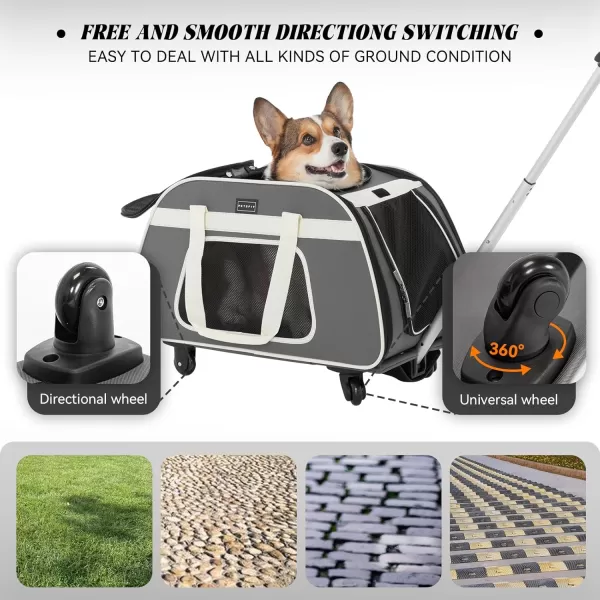 PETSFIT Airline Approved Cat Carrier with Wheels Designed for Small DogsCats with Adjustable Safety Rope ampamp Removable WheelsGrey