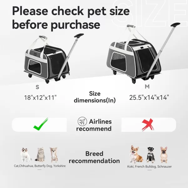 PETSFIT Airline Approved Cat Carrier with Wheels Designed for Small DogsCats with Adjustable Safety Rope ampamp Removable WheelsM Grey