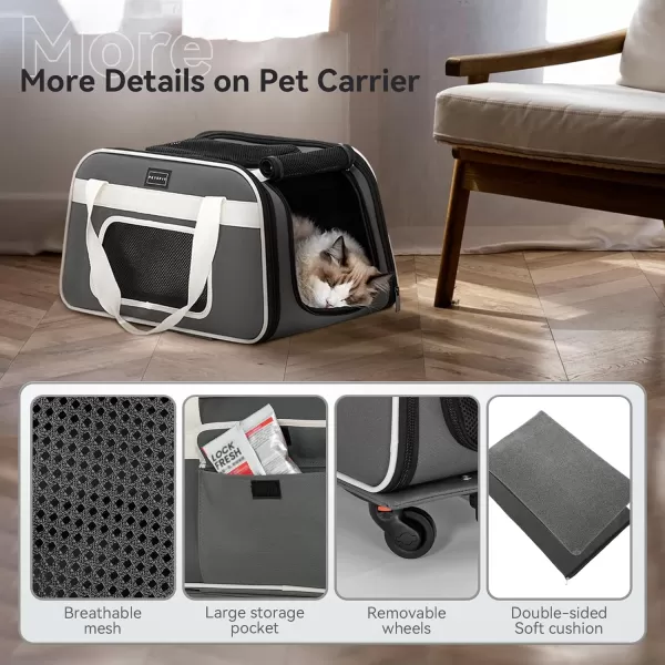 PETSFIT Airline Approved Cat Carrier with Wheels Designed for Small DogsCats with Adjustable Safety Rope ampamp Removable WheelsM Grey