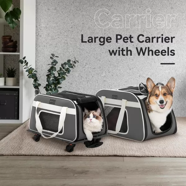 PETSFIT Airline Approved Cat Carrier with Wheels Designed for Small DogsCats with Adjustable Safety Rope ampamp Removable WheelsM Grey