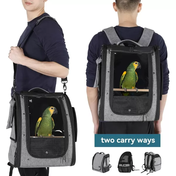 Petsfit Bird Carrier Medium Size with Stainless Steel Bowl Parrot Backpack Includes Slide Tray for Easy Cleaning 13quot x 10quot x 16quotGrey A