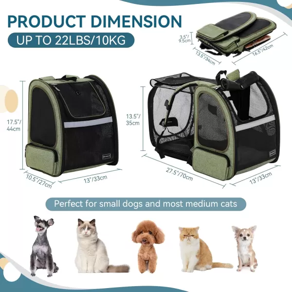 Petsfit Dog Backpack CarrierCat Backpacks Expandable with Great VentilationFleece MatPerfect for HikingCamping Hold Pets Under 22lbsGreen