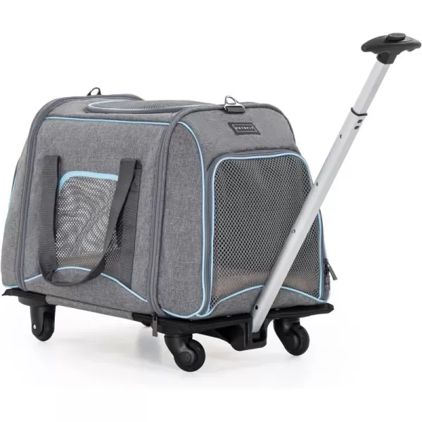 PETSFIT Airline Approved Cat Carrier with Wheels Designed for Small DogsCats with Adjustable Safety Rope ampamp Removable WheelsGrayBlue